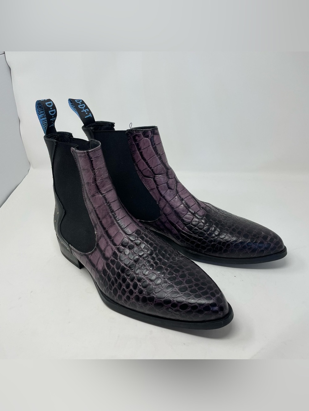 John Fluevog Men's Purple Croc-Embossed Chelsea Chukka Boots
